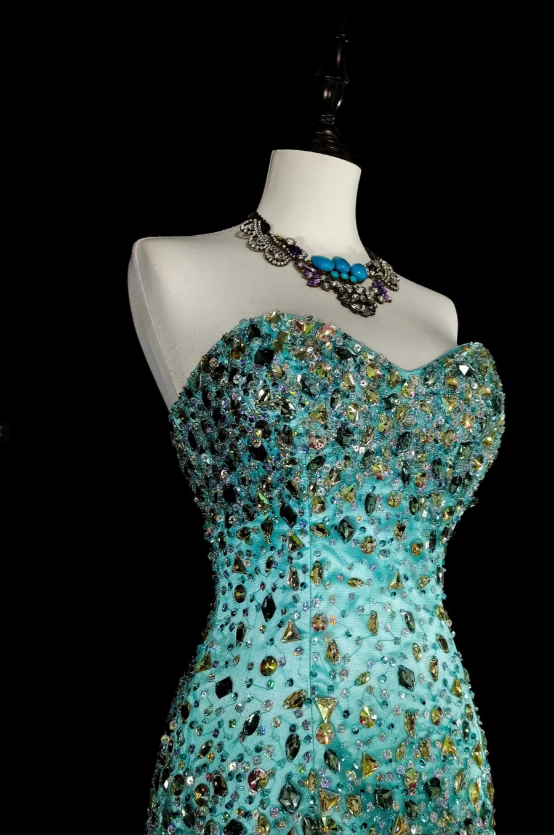 Chic Blue Prom Dress Sweetheart Sheath Long Evening Dress Tulle Beaded Sleeveless Formal Dress DP05044