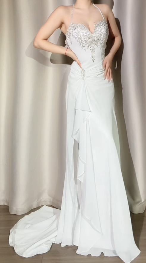 Chic White Prom Dress Halter Sheath Beaded Long Evening Dress Chiffon Backless Formal Dress DP05046