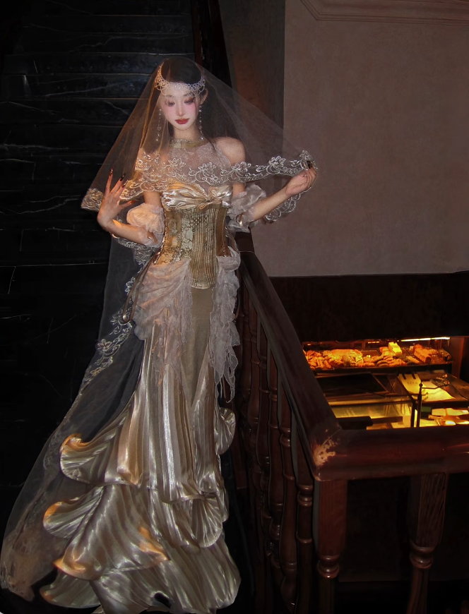 Gorgeous Gold Prom Dress Off-shoulder Mermaid Long Evening Dress Metallic Satin Formal Dress DP05047