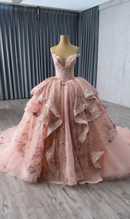 Gorgeous Pink Prom Dress Sweetheart A-Line Long Evening Dress Appliques Tulle Formal Dress DP05048