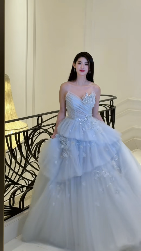 Gorgeous Blue Prom Dress Sweetheart A-Line Long Evening Dress Tulle Applique Formal Dress DP05050