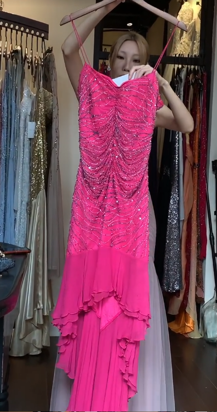 Gorgeous Hot Pink Prom Dress Spaghetti Straps Sheath Evening Dress Chiffon Beaded Formal Dress DP05051