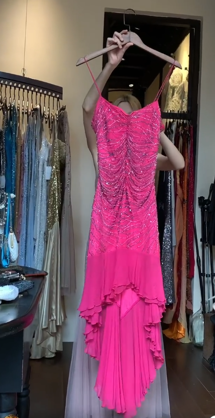 Gorgeous Hot Pink Prom Dress Spaghetti Straps Sheath Evening Dress Chiffon Beaded Formal Dress DP05051