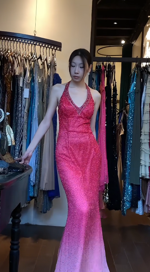 Gorgeous Hot Pink Prom Dress Halter Sheath Evening Dress Chiffon Beaded Formal Dress DP05052