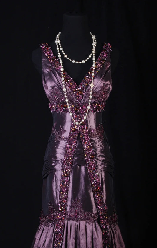 Vintage Grape Prom Dress V-Neck Sheath Evening Dress Satin Beaded Formal Dress DP05056