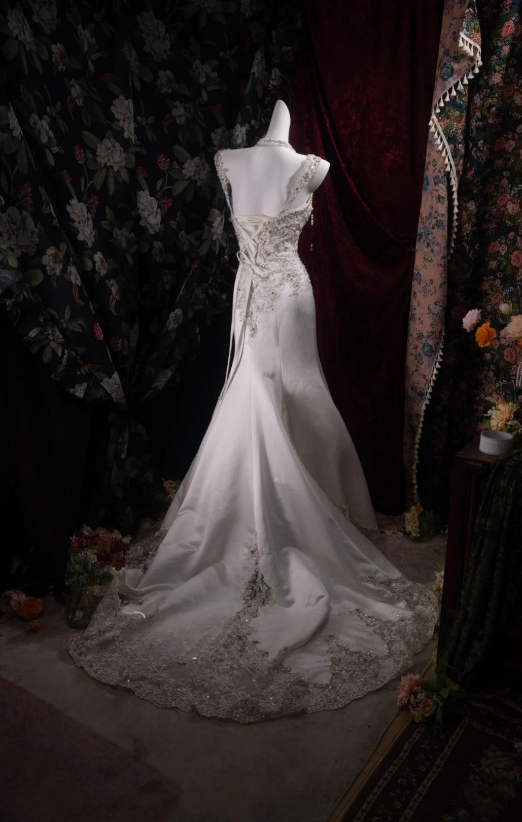 Vintage White Prom Dress Straps Mermaid Evening Dress Satin Beaded Formal Dress DP05057