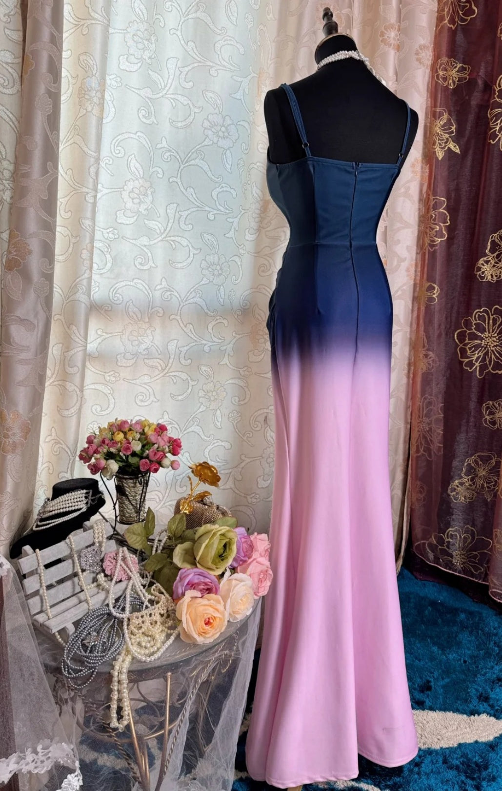 Vintage Pink Prom Dress Straps Sheath Evening Dress Satin Formal Dress DP05058