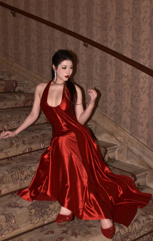 Sexy Red Prom Dress V-neck Sheath Evening Dress Satin Sleeveless Formal Dress DP05060