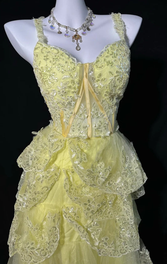 Cute Yellow Prom Dress Spaghetti Straps A-Line Evening Dress Tulle Appliques Sleeveless Party Dress DP05062