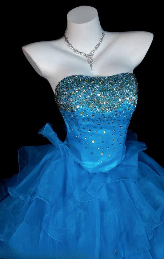 Chic Blue Prom Dress Strapless A-Line Evening Dress Tulle Sleeveless Birthday Dress DP05064