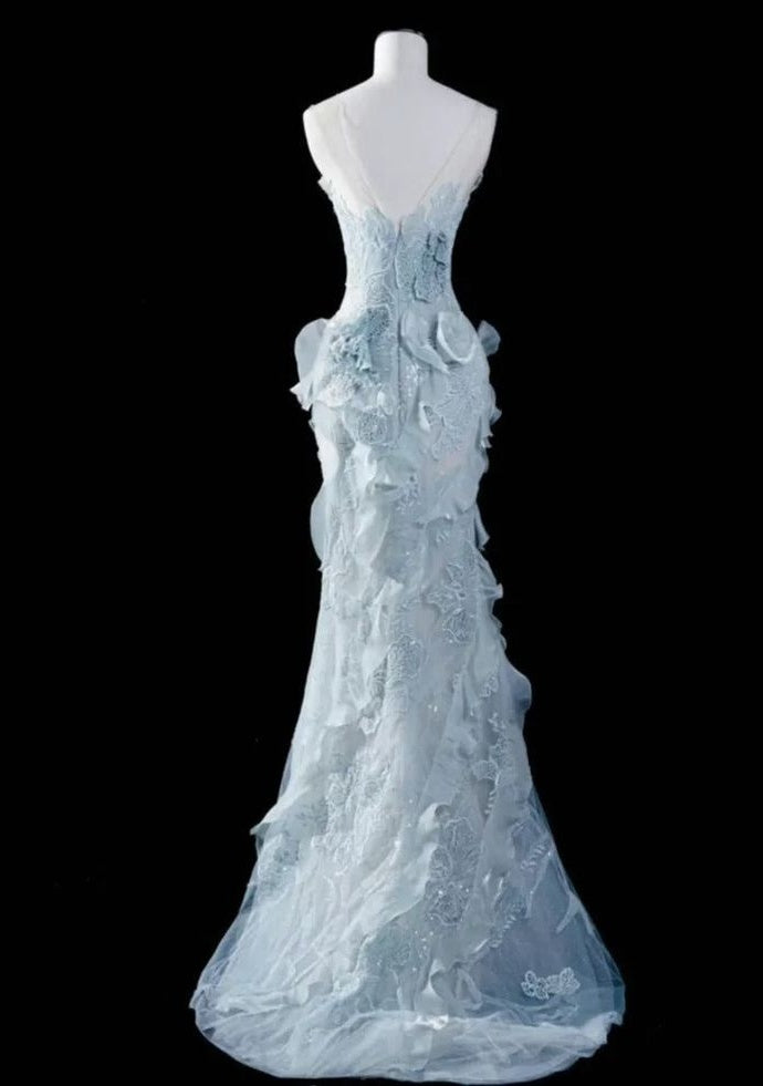 Glam Sheath Blue Prom Dress Strapless Tulle Evening Dress DP05071