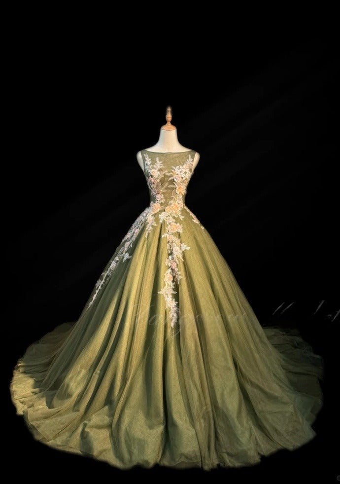 Chic A-Line Olive Green Prom Dress Tulle Sleeveless Evening Dress DP05077