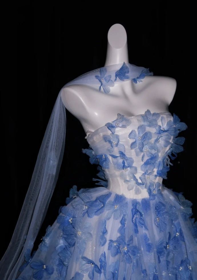 Fairy A-Line White Prom Dress Strapless Appliques Tulle Sleeveless Evening Dress DP05085