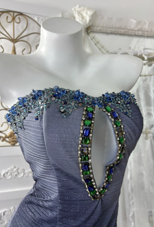 Elegant Navy Blue Prom Dress Chiffon Strapless Evening Dress A-Line Birthday Dress DP05163