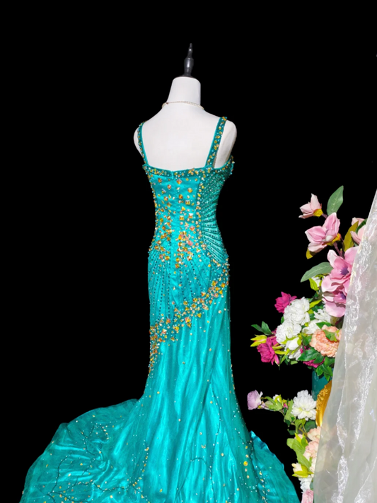 Chic Blue Prom Dress Beaded Tulle Evening Dress Sheath Birthday Dress DP05173