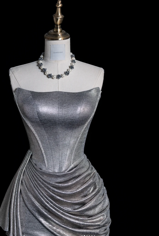 Chic Silver Prom Dress Strapless Satin Evening Dress Sheath Birthday Dress DP05177
