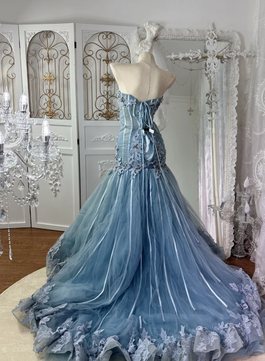 Chic Gray Blue Prom Dress Tulle Sweetheart Evening Dress Sheath Birthday Dress DP05178