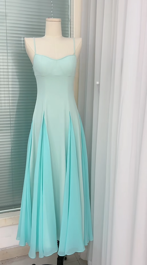 Chic Blue Prom Dress Chiffon Spaghetti Straps Evening Dress A-line Birthday Dress DP05183