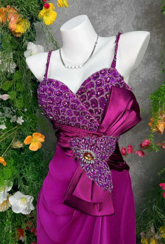 Chic Purple Prom Dress Satin Beaded Spaghetti Straps Evening Dress Sheath Birthday Dress DP05185
