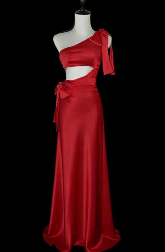 Chic Red Prom Dress Satin One-shoulder Evening Dress Sheath Birthday Dress DP05186