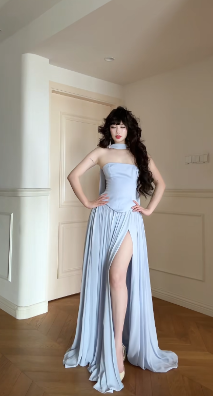 Chic Light Blue Prom Dress Chiffon Strapless Evening Dress Sheath Birthday Dress DP05189