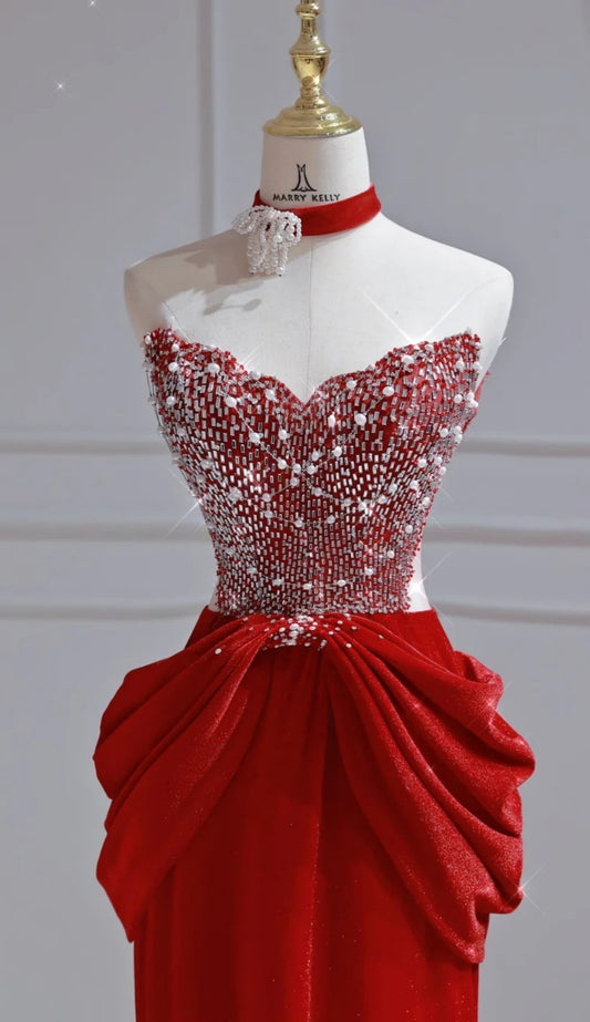 Chic Red Prom Dress Satin Sweetheart Evening Dress Sheath Birthday Dress DP05198