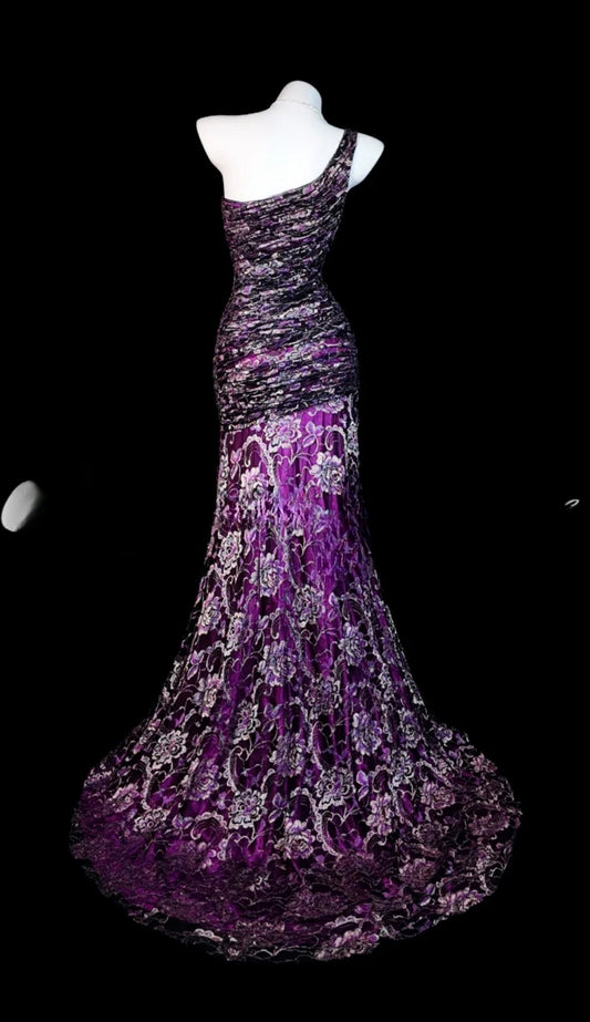 Chic Purple Prom Dress Lace One-shoulder Evening Dress Sheath Birthday Dress DP05199