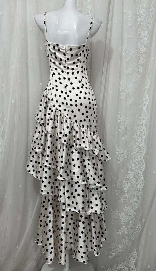 Chic Polka Dot Prom Dress Satin Spaghetti Straps Evening Dress Sheath Birthday Dress DP05200