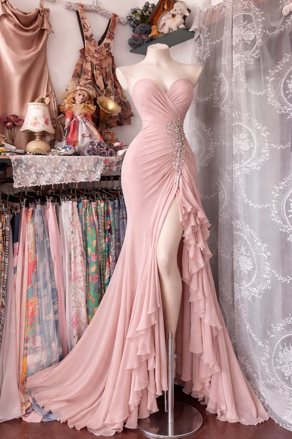 Elegantes rosa Chiffon-Abendkleid mit Herzausschnitt und Schlitz DP05202