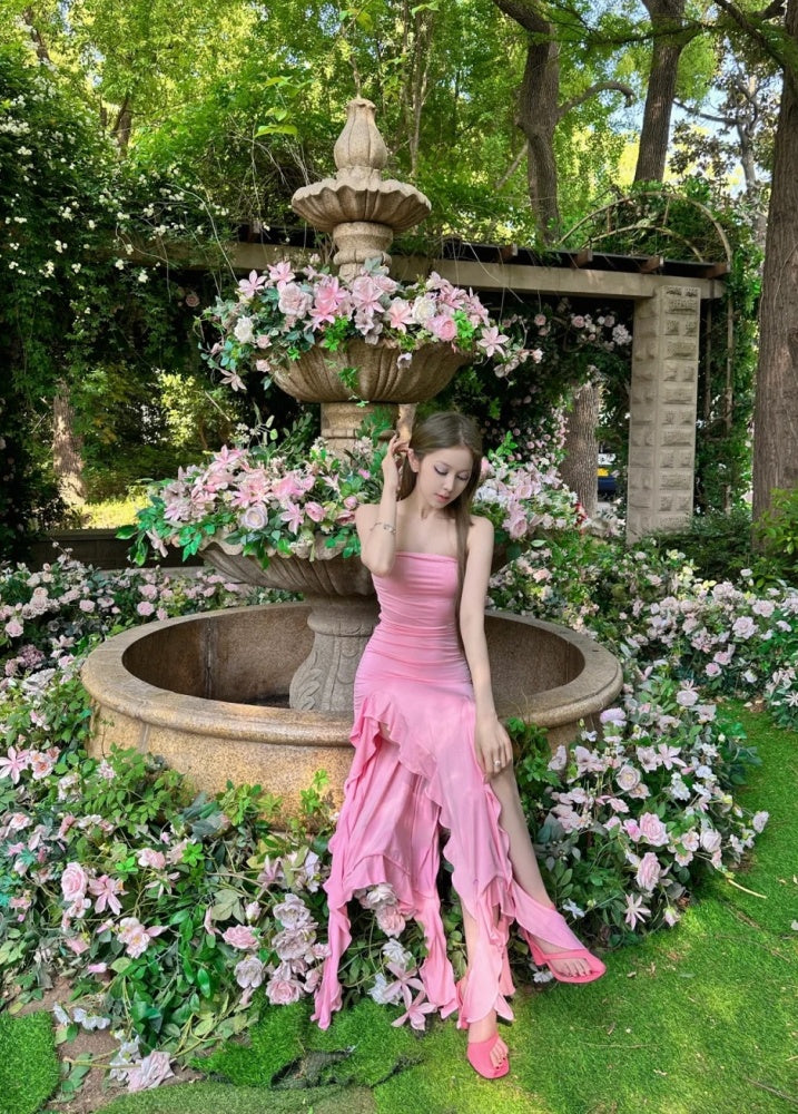 Robe de bal rose chic, fourreau, sans bretelles, robe de soirée, robe d'anniversaire sans manches DP05204