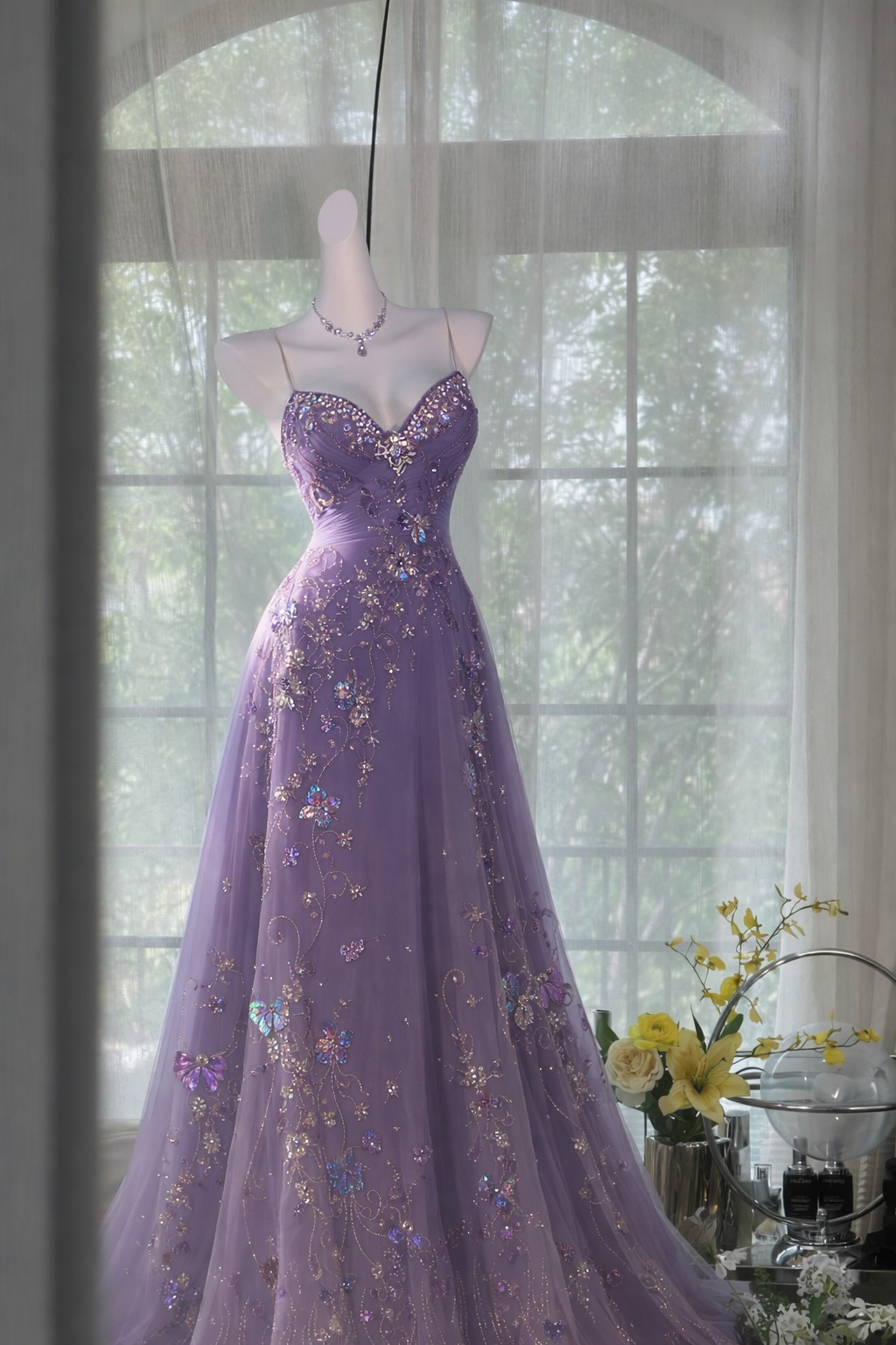 Robe de bal lavande chic en tulle perlé, coupe trapèze, bretelles spaghetti, sans manches, idéale pour un anniversaire (DP05209)
