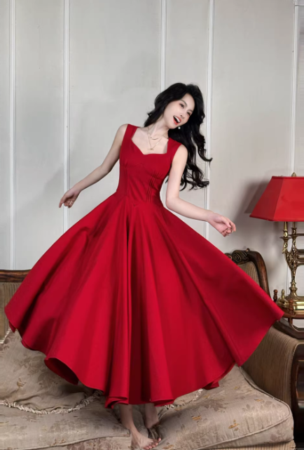 Robe de bal bordeaux chic, bretelles en satin, coupe trapèze, sans manches, idéale pour un anniversaire (DP05242)