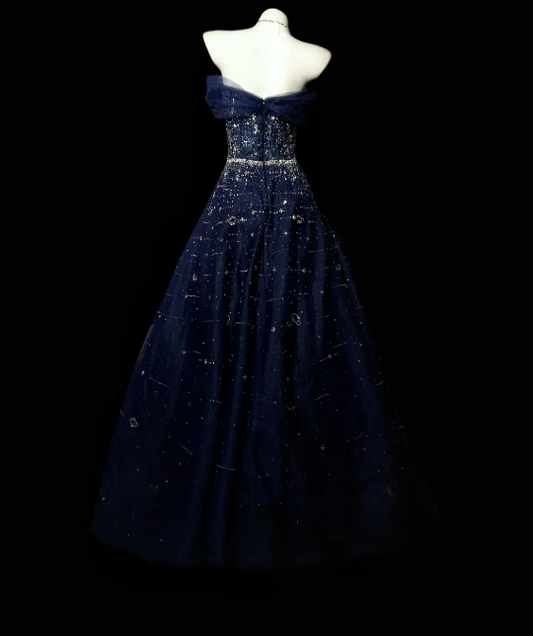 Chic Navy Blue Prom Dress Tulle Off-shoulder A-Line Long Evening Dress DP05267