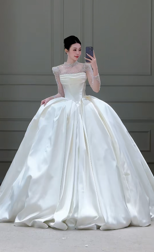 Timeless White Wedding Dress Satin High Neck A-Line Bridal Gown Satin Bridal Dress DP05271