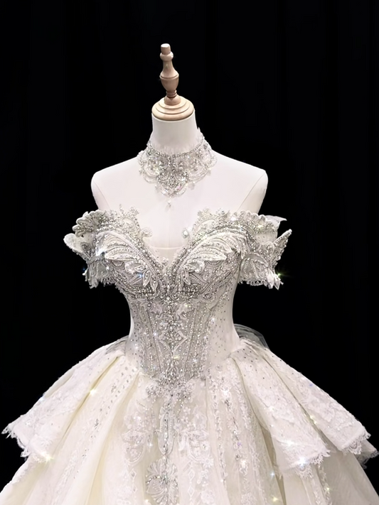 Timeless White Wedding Dress Off-shoulder A-Line Bridal Gown Tulle Bridal Dress DP05273