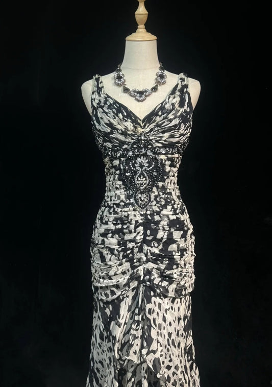 Elegant Leopard print Prom Dress V-neck Chiffon Sheath Long Evening Dress DP05281