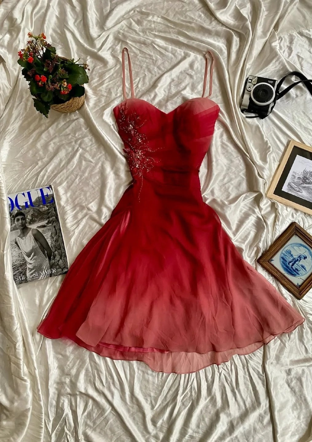 Chic Red Prom Dress Spaghetti Straps Chiffon A-Line Short Birthday Dress DP05287