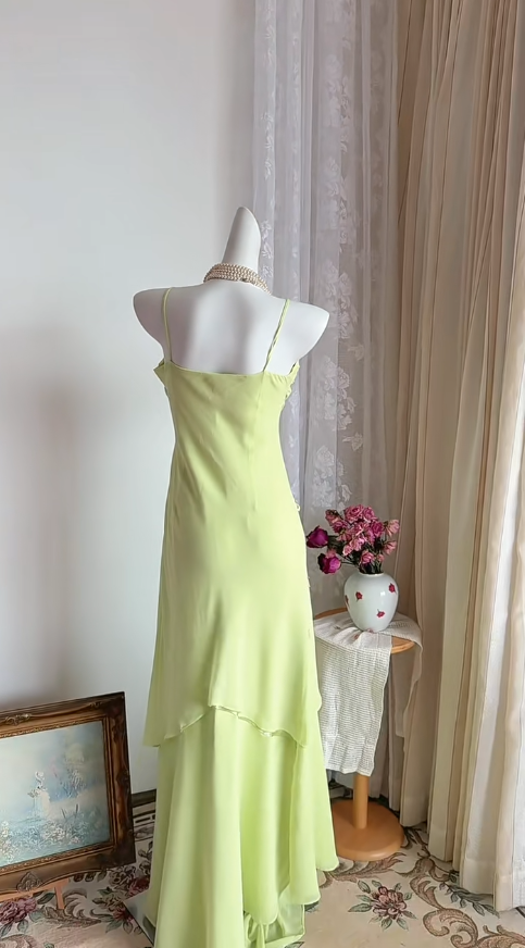 Chic Green Prom Dress Spaghetti Straps Chiffon Sheath Long Evening Dress DP05290