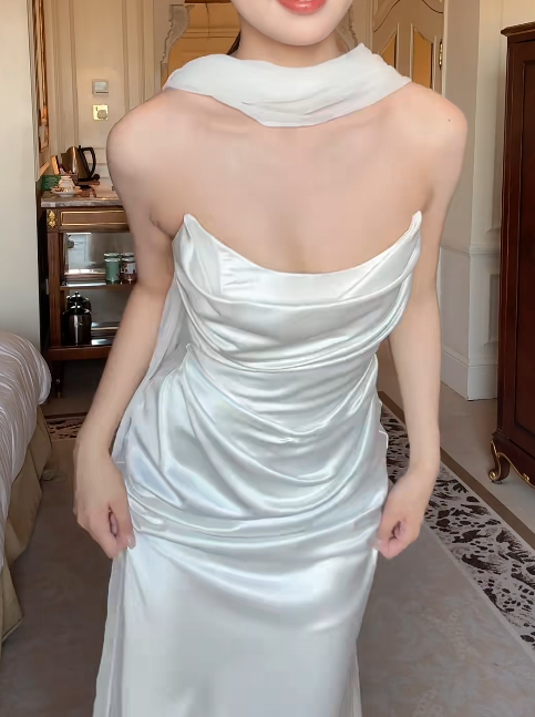 Chic Strapless Wedding Guest Dress Satin Sheath White Bridesmaid Dress Sleeveless Evening Dress DP05304