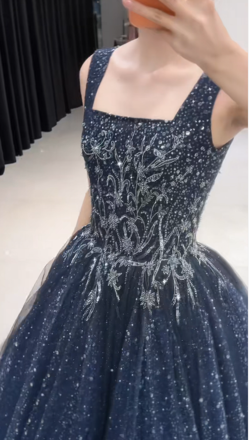 Robe de soirée chic en tulle, bretelles, coupe trapèze, perles, sans manches, bleue, DP05307