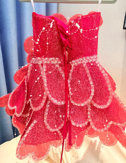 Robe Courte Anniversaire Rose Vif à Bretelles Robe de Bal Évasée en Tulle Robe de Soirée DP05312