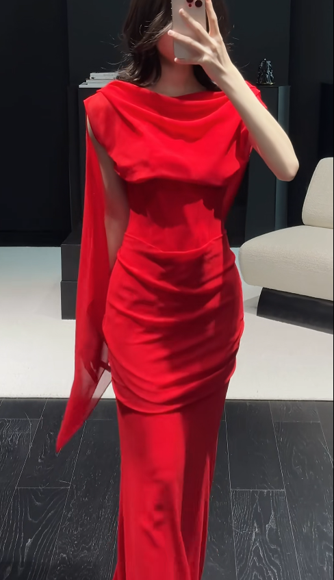 Robe de bal chic rouge fourreau col bénitier mousseline longue robe de soirée DP05319