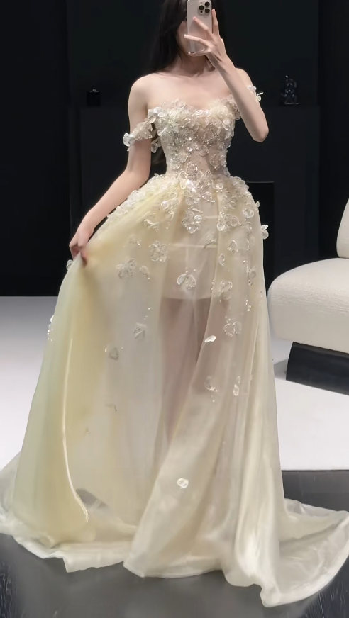 Robe de bal jaune féérique avec appliques, robe d'anniversaire, robe de soirée longue en tulle coupe trapèze à épaules dénudées DP05320