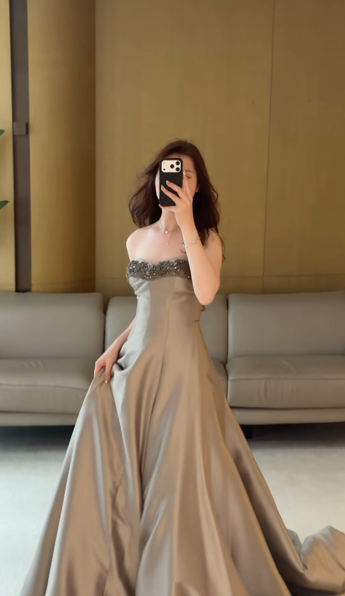 Robe de bal chic sans bretelles, robe d'anniversaire en satin, robe de soirée longue coupe évasée DP05323