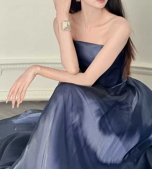 Robe de soirée longue fourreau chic bustier en satin Robe de bal bleu marine DP05332