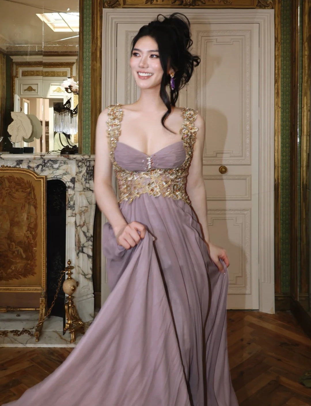 Chic Imperial Brautjungfernkleid Lang Abendkleid Träger Chiffon Applikationen Partykleid Ärmellos Gastkleid DP05339