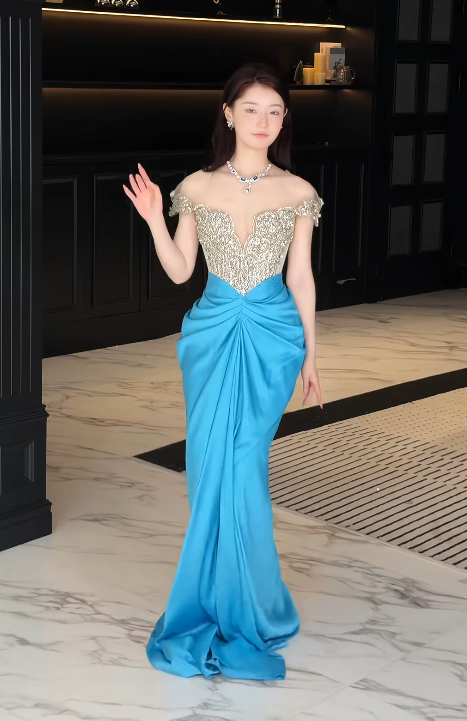 Chic Blue Long Evening Dress Off-shoulder Sheath Satin Beaded Prom Dress DP05352