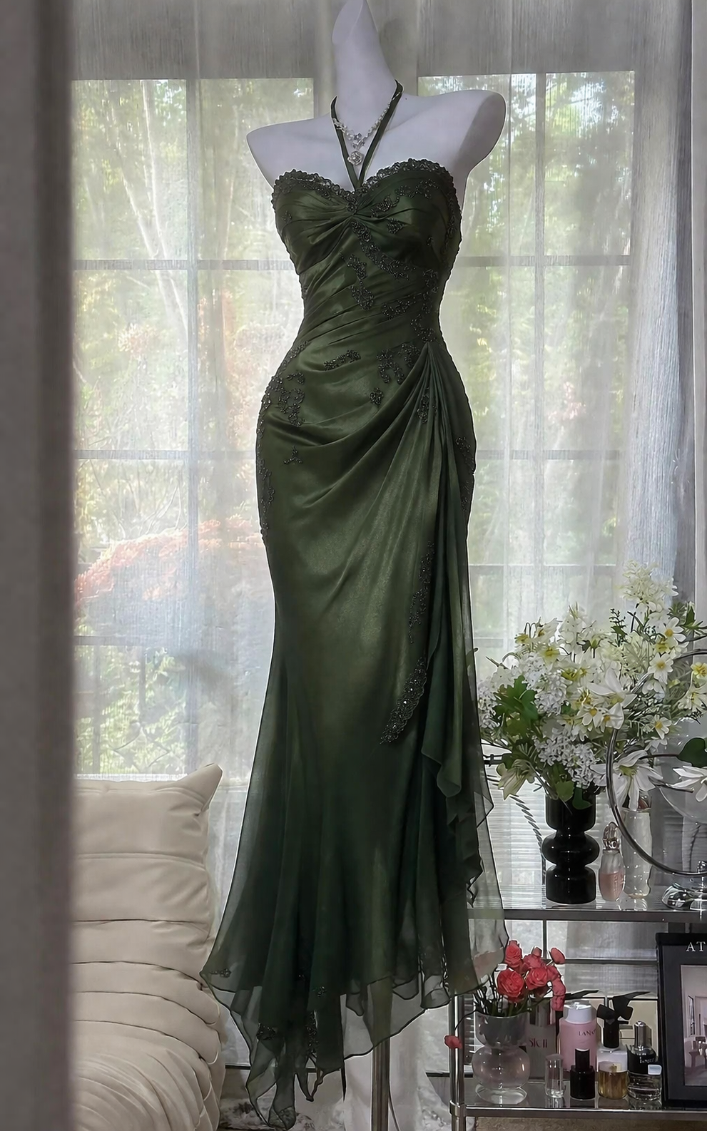 Chic Green Long Evening Dress Halter Sheath Chiffon Wedding Guest Dress DP05354