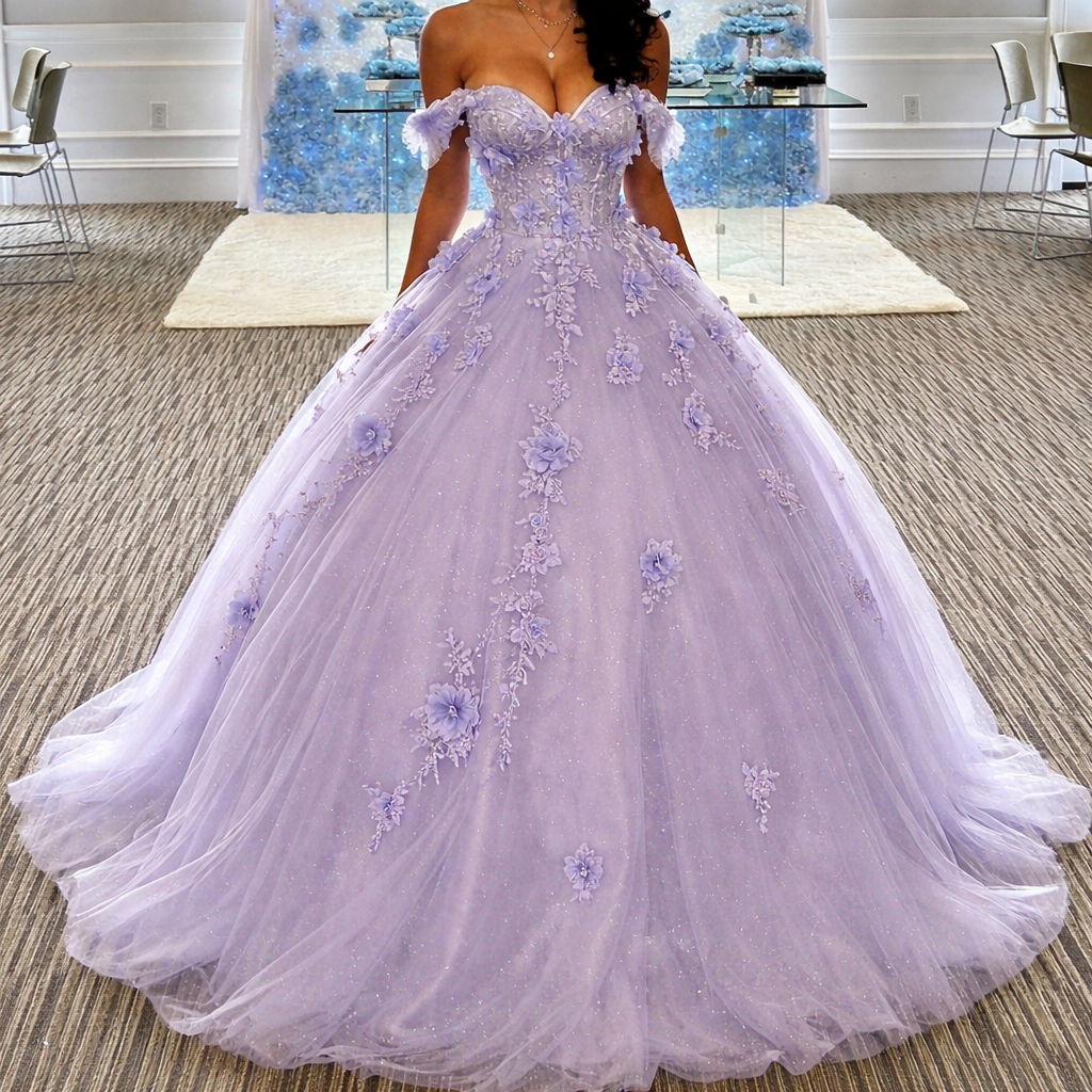Wunderschönes lila Quinceanera-Kleid Applikation Tüll Sweet 16 Kleid Schulterfreies Ballkleid Ärmelloses Ballkleid DP05357