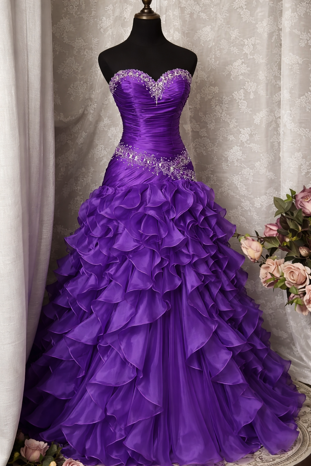 Wunderschönes lila Quinceañera-Kleid aus Satin und Chiffon, Sweet 16 Kleid, herzförmiges Ballkleid, ärmelloses Ballkleid DP05358